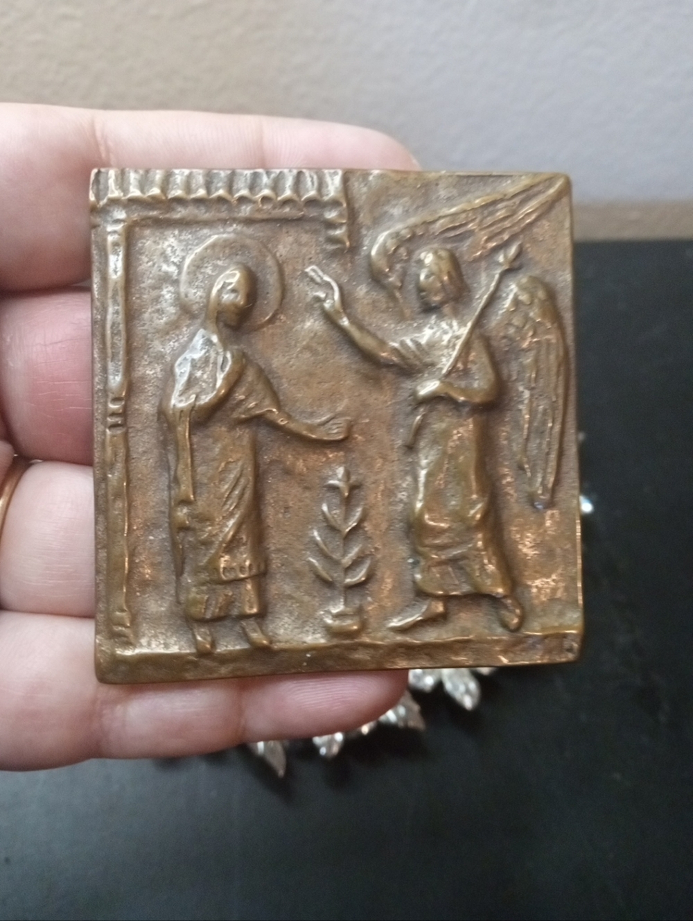 Eva Limberg 3D Bronze Relief Pendant W/ Annunciation scene